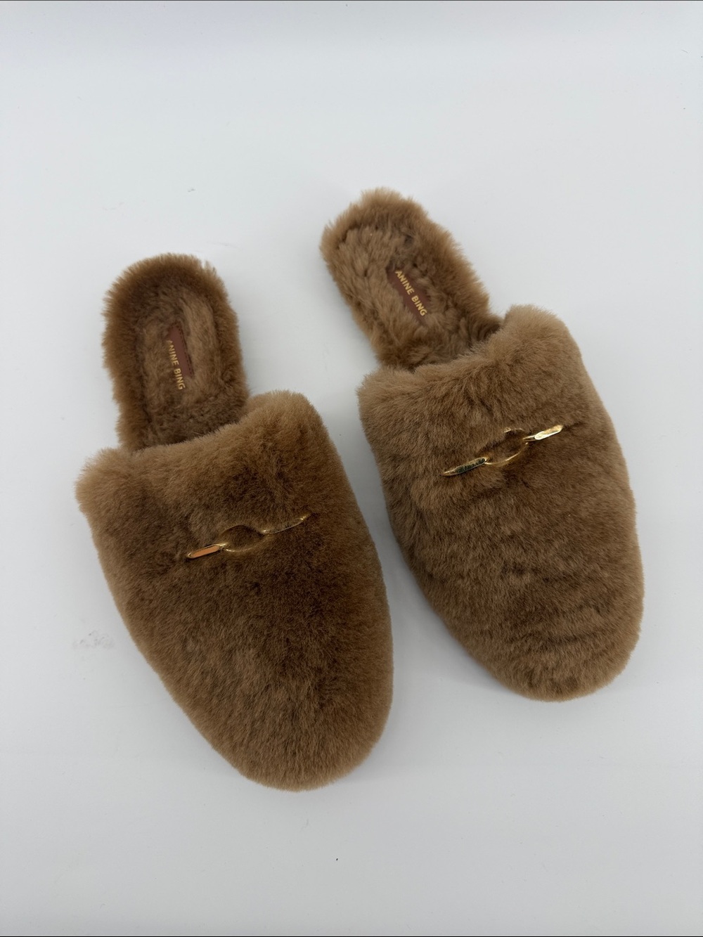 Anine Bing Shearling Mules in Yellow Gold 38 S90